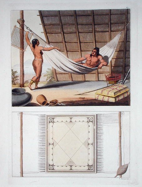 Hazai belső terek, karib törzs, Holland Antillák, Jules Ferrario „Le Costume Ancien et Moderne” című művének 67. táblája, az 1820-as és 30-as évek körül (színes litó) alkotó: Vittorio Raineri