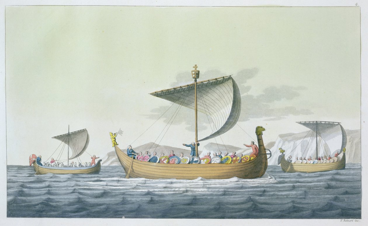 Hódító Vilmos flottája, 1066, 8. lemez Jules Ferrario „Le Costume Ancien et Moderne” című művéből, az 1820-as és 30-as évek körül megjelent alkotó: Vittorio Raineri