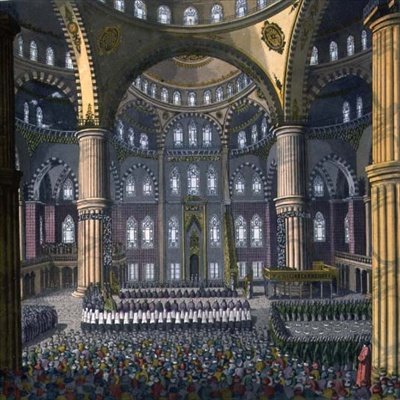 Mewlod ünnepének megünneplése az Ahmed szultán mecsetében, 41. tábla a „Nemzetek története” III. részének I. kötetéből, a művész metszetével (akvatinta) alkotó: Vittorio Raineri