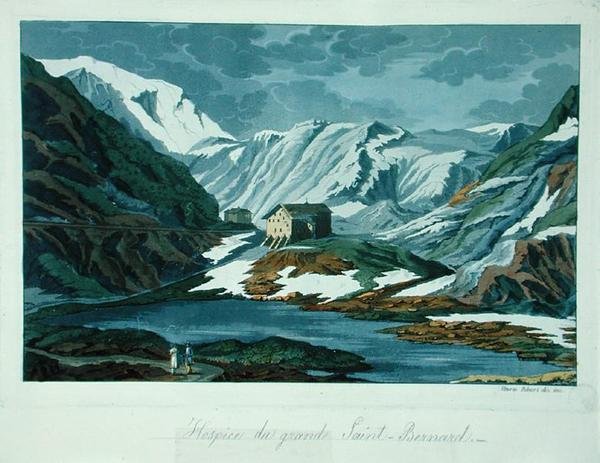A svájci Grand St. Bernard Hospice, Gulio Ferrario "Costume Antico e Moderno" című művéből. alkotó: Vittorio Raineri