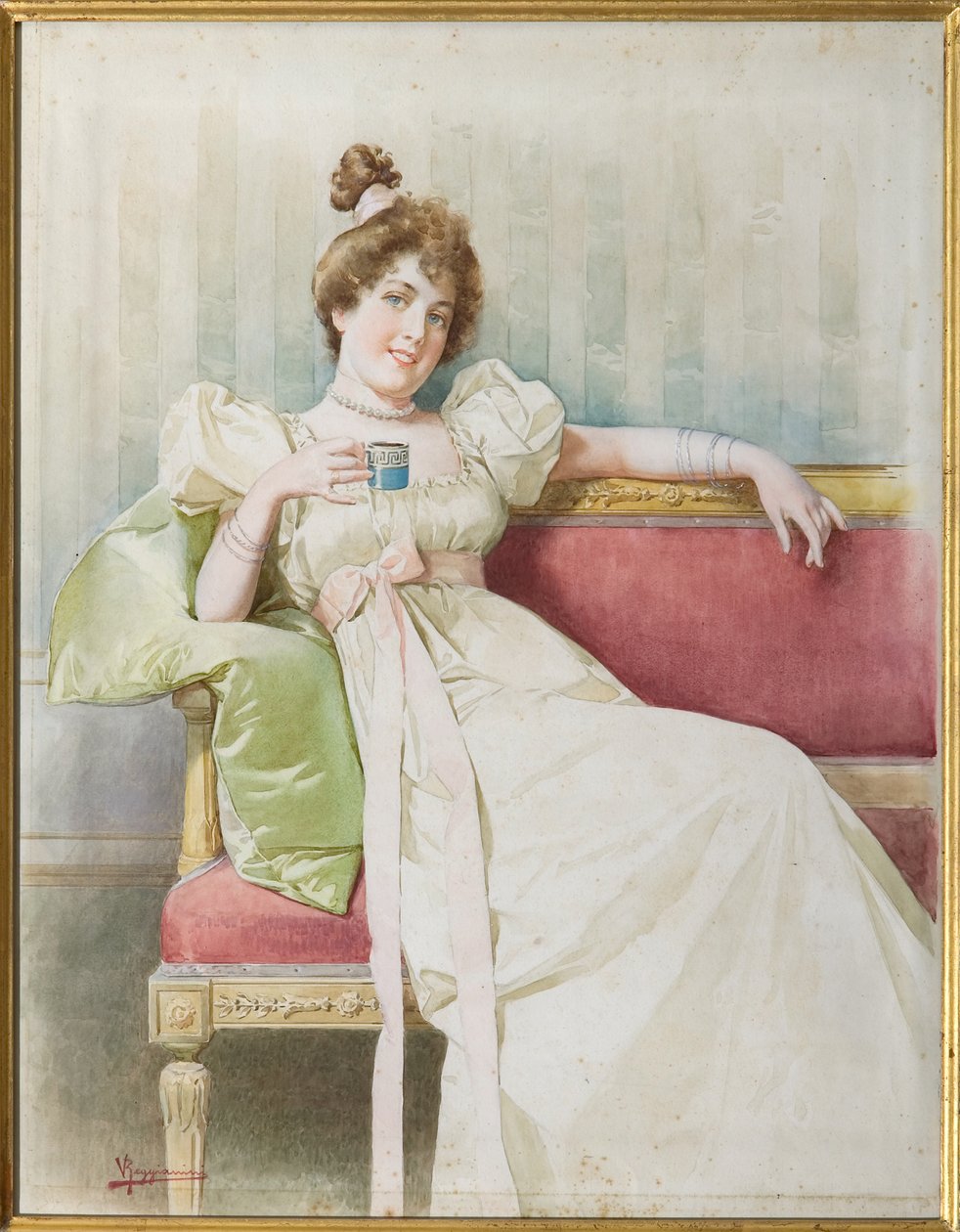 Hölgy a kanapén (akvarell papíron) alkotó: Vittorio Reggianini