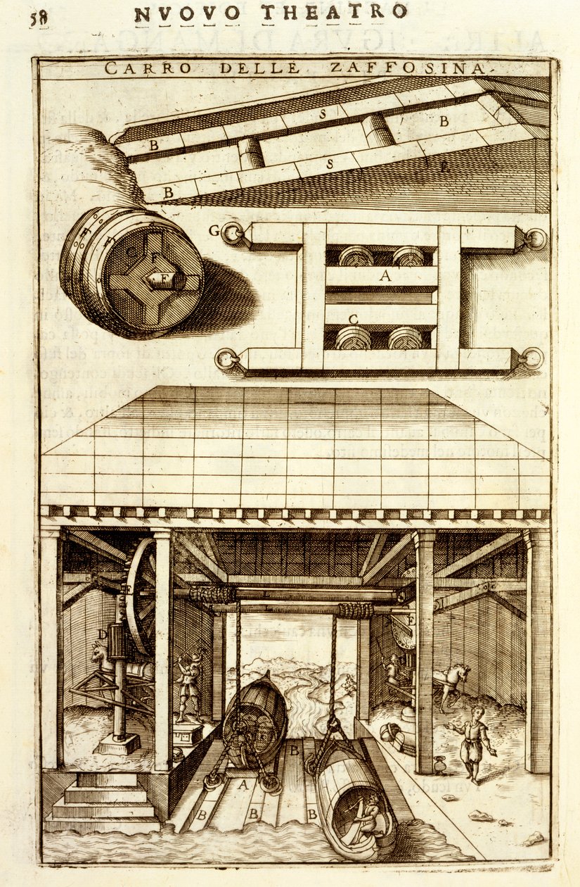 Lóhajtású hidraulikus tárcsaszerkezet áruk mozgatásához szárazföld és víz között, 1607 alkotó: Vittorio Zonca