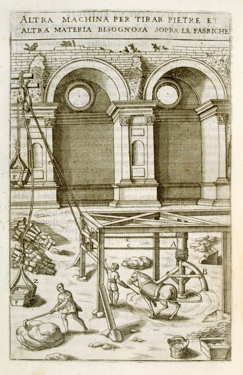 Lóerővel hajtott gép építőanyagok emelésére, a "Nuovo Teatro di Macchine ed Edifici", pub. 1607 alkotó: Vittorio Zonca