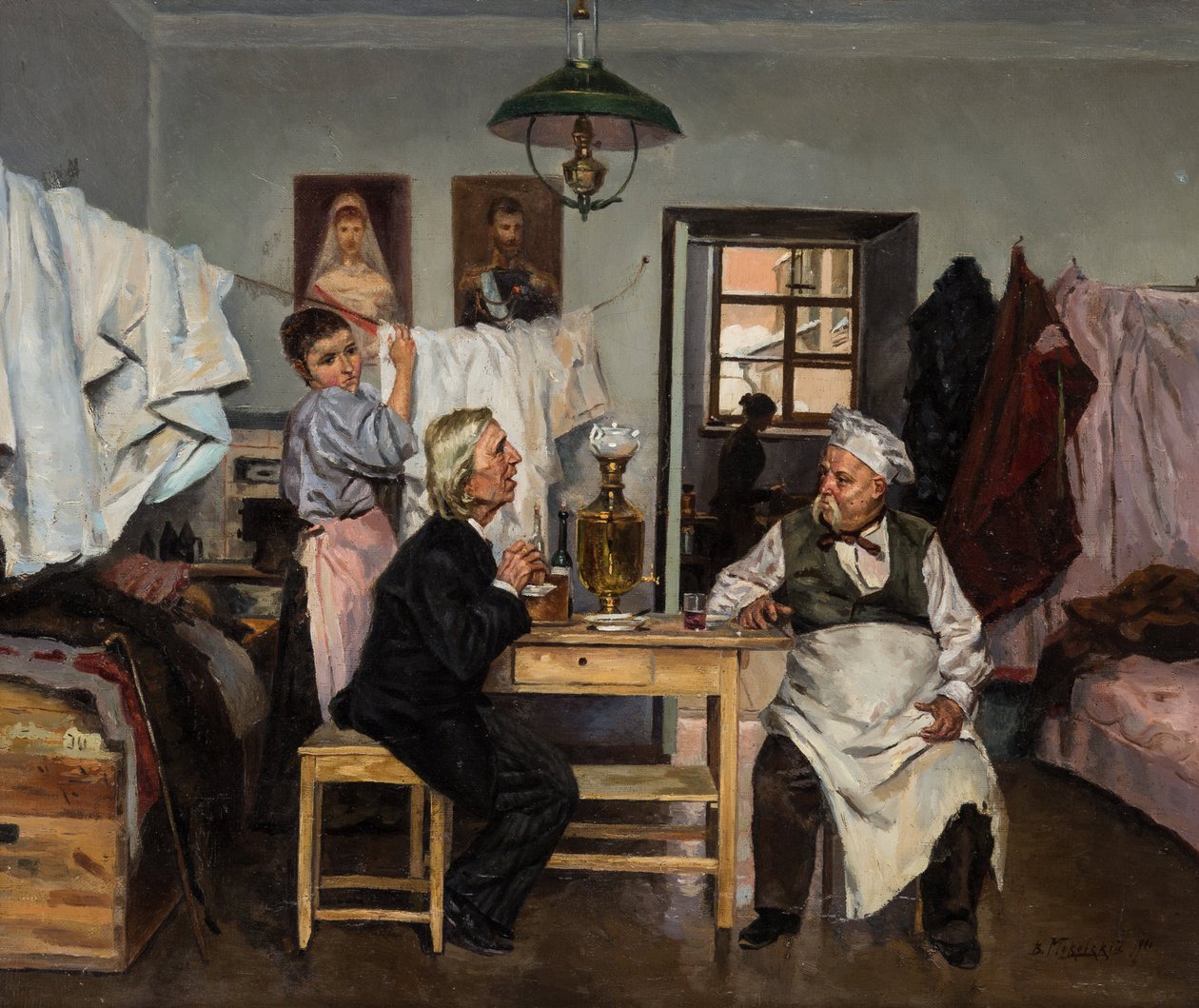 A szamovárnál, Makovszkij, Vlagyimir Jegorovics (1846-1920). Olajfestmény alkotó: Vladimir Egorovic Makovsky