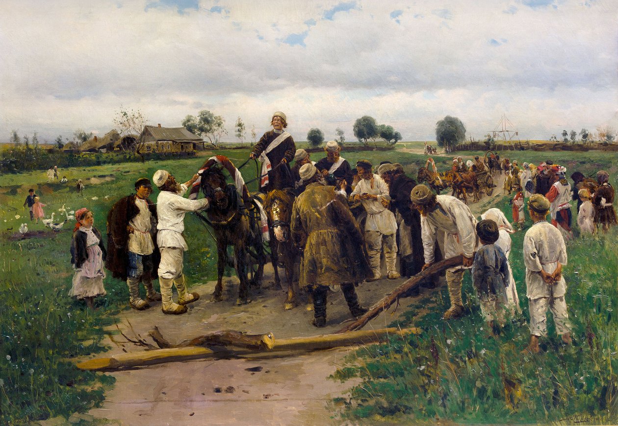 Váltságdíj fizetése a menyasszonyért. Vlagyimir Makovszkij festménye – Váltságdíj fizetése a menyasszonyért – Vlagyimir Jegorovics Makovszkij (1846-1920). olajfestmény alkotó: Vladimir Egorovic Makovsky