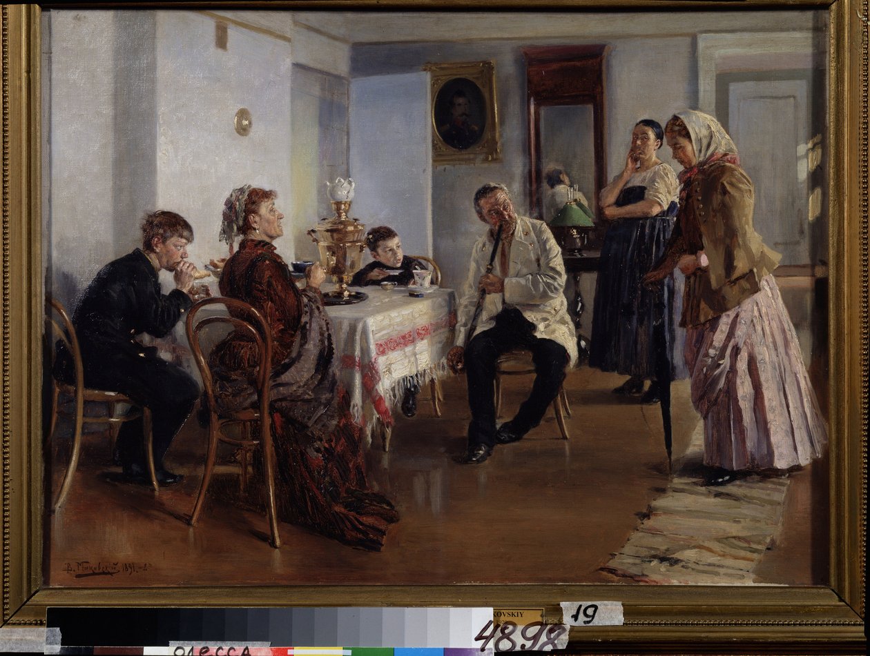 Szobabérlés (A Maid Employment). Egy fiatal nő a ház úrnője kérdései alapján kér helyet, férje és gyermekei pillantása alatt, teaidőben ülve. A fiatal nőt egy alkalmazott is megfigyeli alkotó: Vladimir Egorovic Makovsky