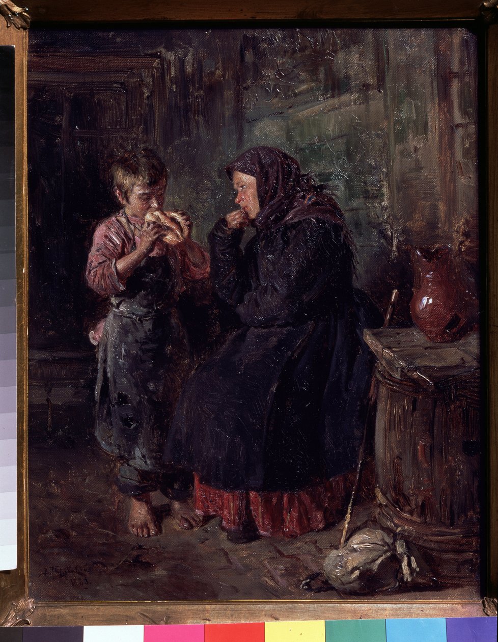 A találkozás (The Reunion). Egy anya, aki meglátogatta gyermekét, bottal és köteggel a földön húzódik, még mindig a kabátját és a sálját a fején hordja, és szemével falja a fiát, miközben egyfajta brióst eszik. Mezítláb van, alkotó: Vladimir Egorovic Makovsky