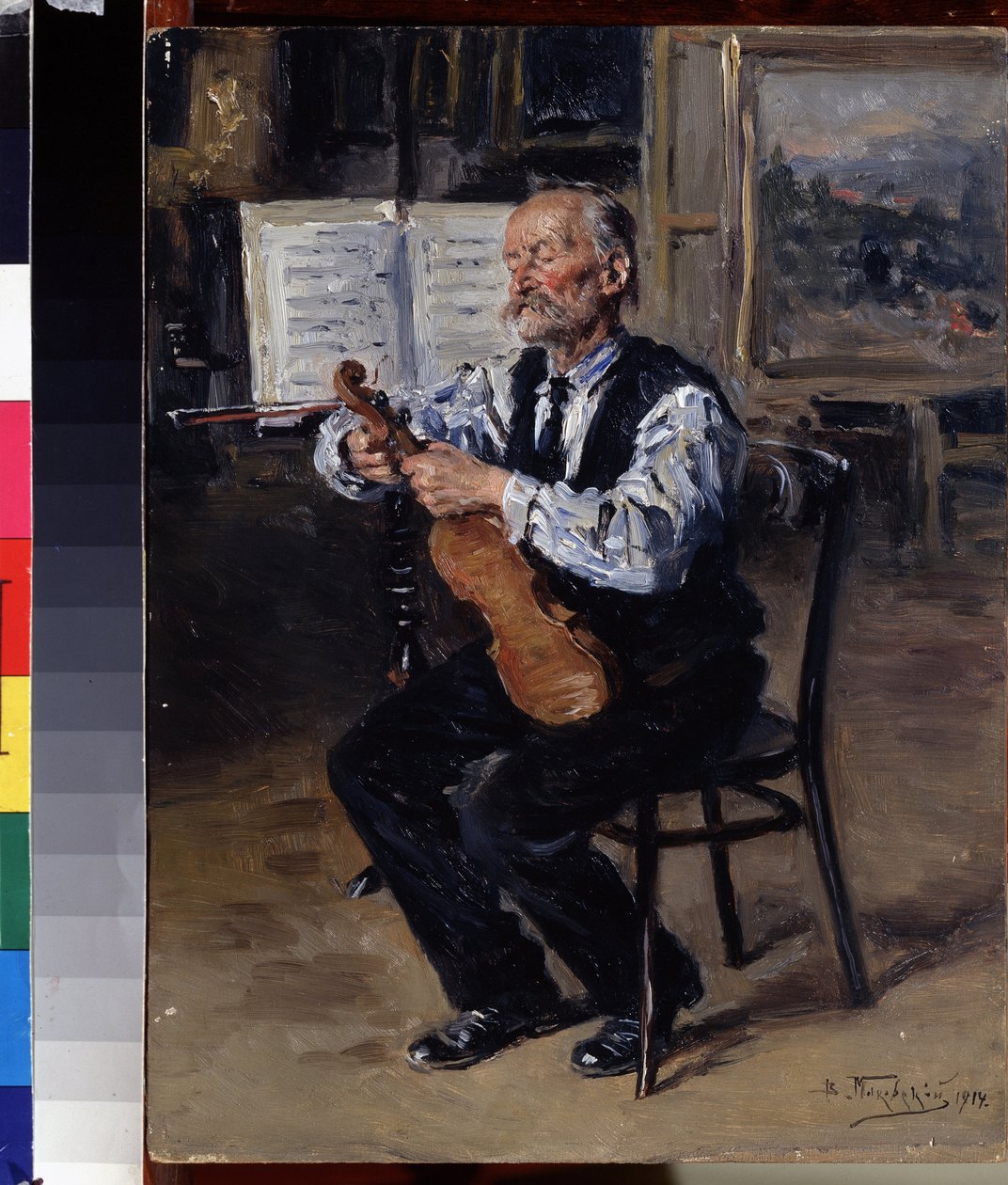Luthier (Luthier). A mesterember hegedűt hangol. Vlagyimir Jegorovics Makovszkij (Makovszkij, Makovskij) (1846-1920) festménye, olaj, vászon alkotó: Vladimir Egorovic Makovsky