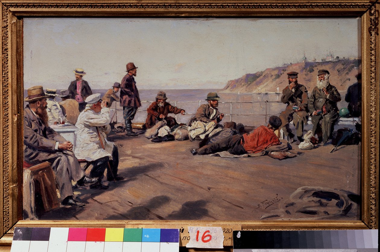 A fedélzeten (On the Deck). Minden osztály utazói a part mentén közlekedő hajón. Vlagyimir Jegorovics Makovszkij (Makovszkij, Makovskij) (1846-1920) festménye, olaj, vászon alkotó: Vladimir Egorovic Makovsky