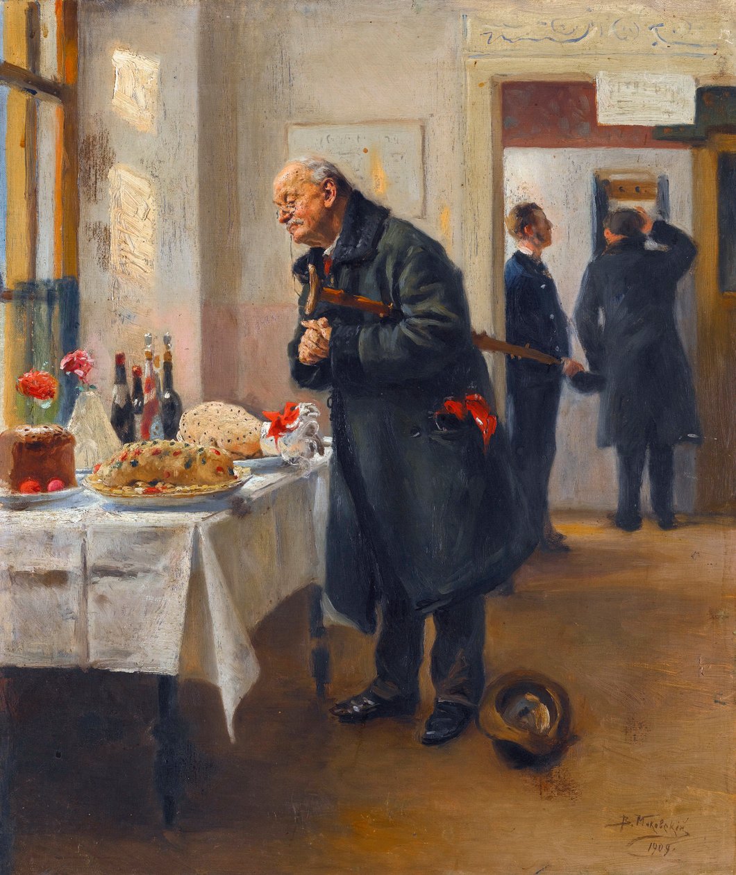 ""Egy gasztronómus"" (Gasztronómus) Egy férfi dörzsöli a kezét egy jó büfé előtt - Vlagyimir Makovszkij (Makovski) festménye (1846-1920) alkotó: Vladimir Egorovic Makovsky