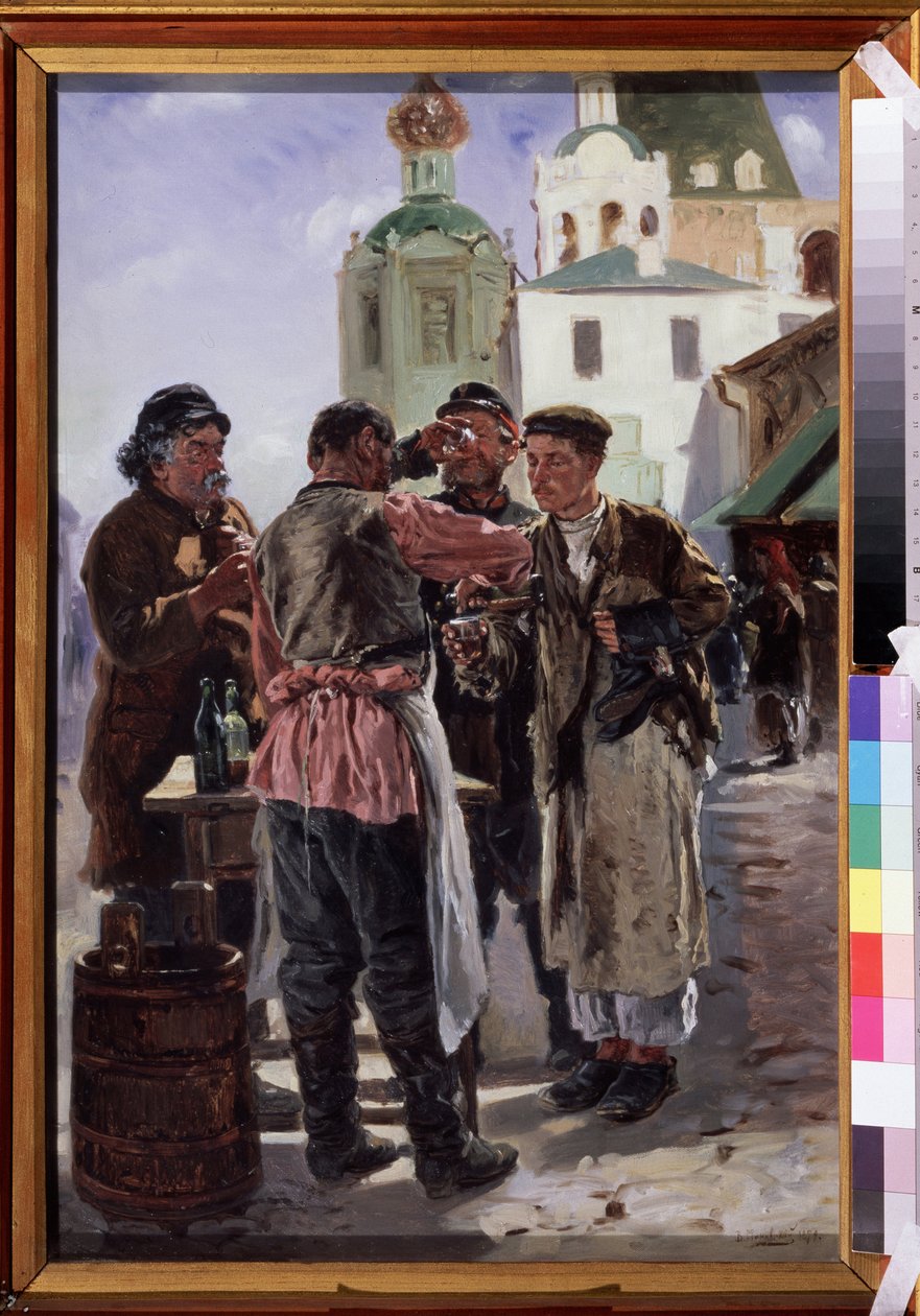 Kvasz eladó (Kwass) (Kvas eladó). Erjesztett és habzó ital, enyhén alkoholos és népszerű, becenevén kenyérsör, orosz nemzeti ital. Vlagyimir Jegorovics Makovszkij (Makovszkij, Makovskij) (1846-1920) festménye, olaj, vászon alkotó: Vladimir Egorovic Makovsky