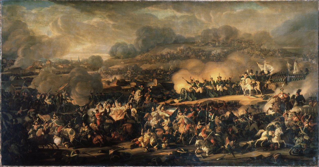 La Bataille des Nations a Leipzig (Németország) 1813 októberében. (A lipcsei nemzetek csatája 1813 októberében). Lipcsei csatának is nevezik, ez volt a legnagyobb vereség, amelyet Napóleon Grande Armee (1769-1821) szenvedett el. I. Vlagyimir festménye alkotó: Vladimir Ivanovich Moshkov