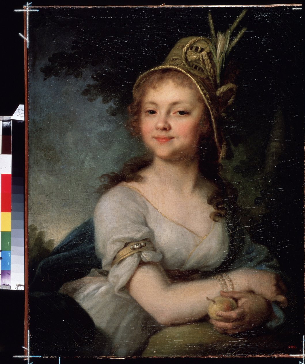 Jekatyerina Arsenyeva portréja. Kalapja és karkötője van, és gyümölcsöt tart. (Jekatyerina Arszenyeva portréja). Vlagyimir Lukics Borovikovszkij (vagy Borovikovszkij) festménye (1757-1825). Olaj, vászon, 1790 körül, 71,5 x 56,5 cm, orosz művészet, klasszik alkotó: Vladimir Lukich Borovikovsky