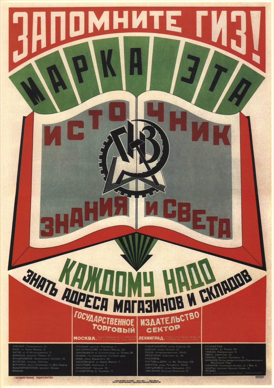 Emlékezzen a GIZ State Publisherre. Ez a védjegy a tudás és a fény forrása, 1925 alkotó: Vladimir Mayakovsky