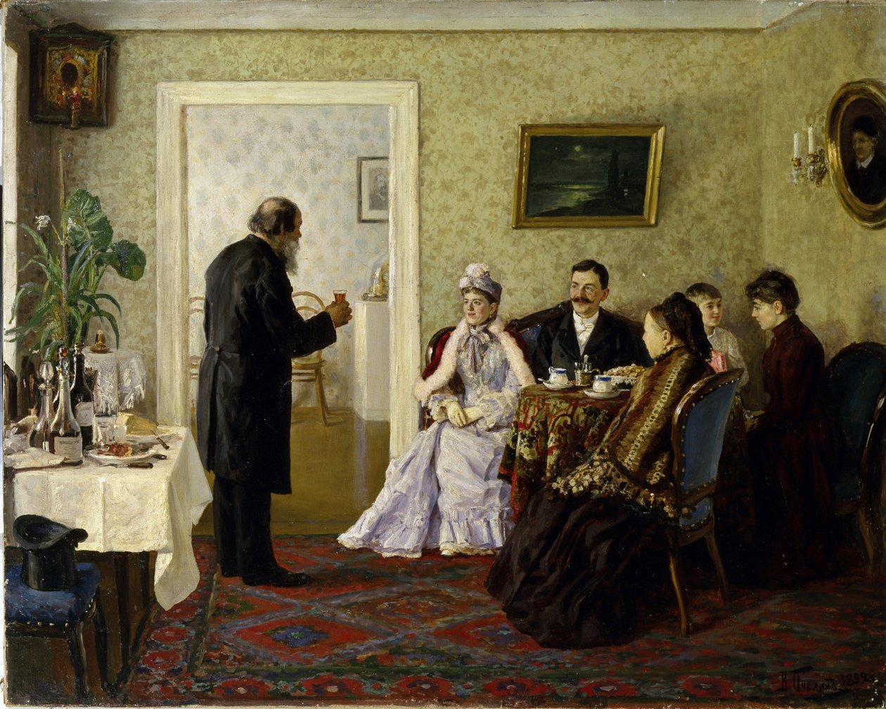Az ifjú házasok az apóshoz látogatva. (Új házasok az apósnál). Vlagyimir Nyikolajevics Pcselin (1869-1941) festménye, olaj, vászon alkotó: Vladimir Nikolayevich Pchelin