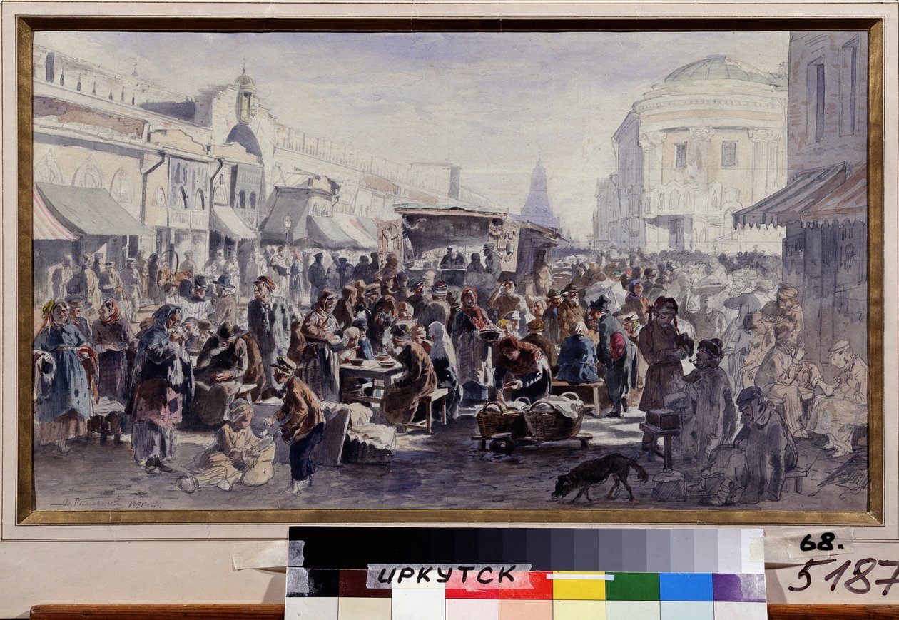 A moszkvai bolhapiac (Oroszország) (The Second Hand Market In Moscow). Utcai jelenet, foltos, foltos ruhás szereplőkkel, van, aki egy barakk előtti asztaloknál eszik, mások a kínált árukat nézegetik, megint mások bujkálnak alkotó: Vladimir Yegorovich Makovski