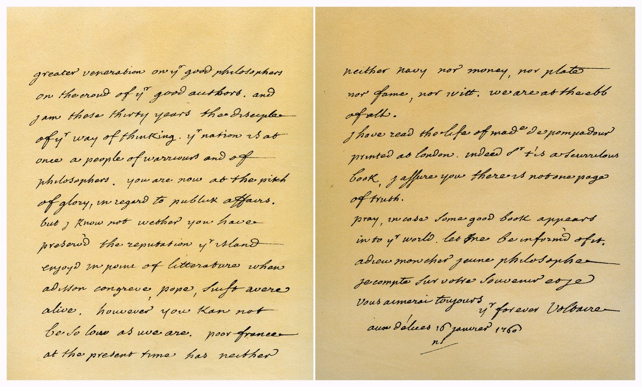 Francois Marie Arouet de Voltaire levele George Keatnek 1760. január 16-án. alkotó: Voltaire