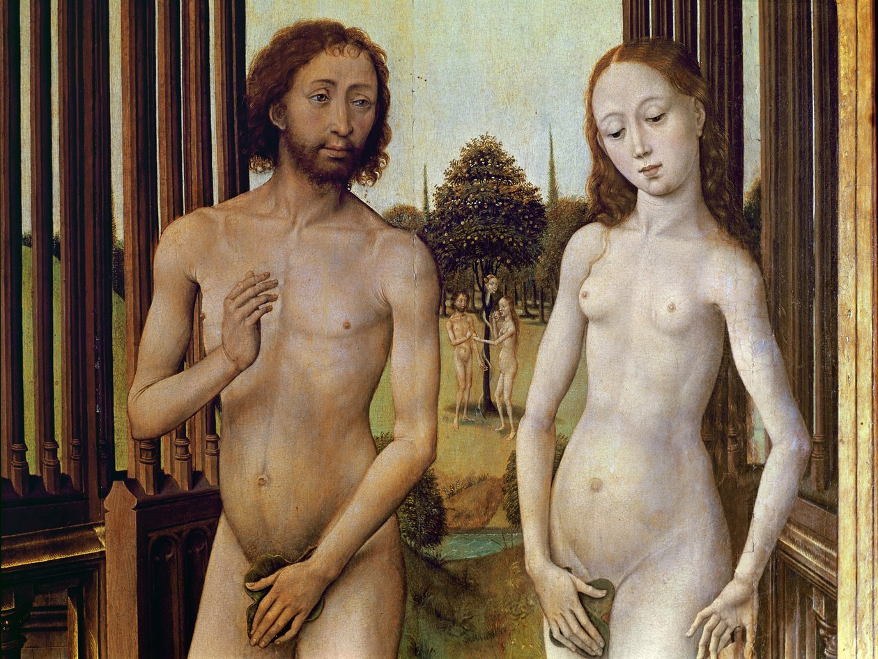 Ádámot és Évát kiűzték az Édenkertből, miután a kígyó megkísértette őket, hogy megegyék az almát, 1460 körül (488611. részlet) alkotó: Vrancke van der Stockt