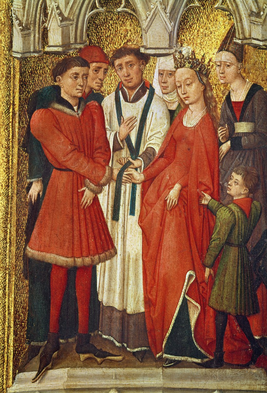 Redemption Triptichon: A házasság szentsége, a keresztrefeszítés központi képét körülvevő szentségeket ábrázoló kis képek sorozatából, 1460 körül alkotó: Vrancke van der Stockt
