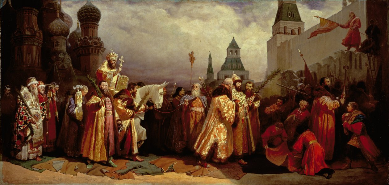 Virágvasárnap Moszkvában Alekszej Mihajlovics cárral (1629-76) pátriárkai körmenetben, 1865 alkotó: Vyacheslav Grigorievich Shvarts