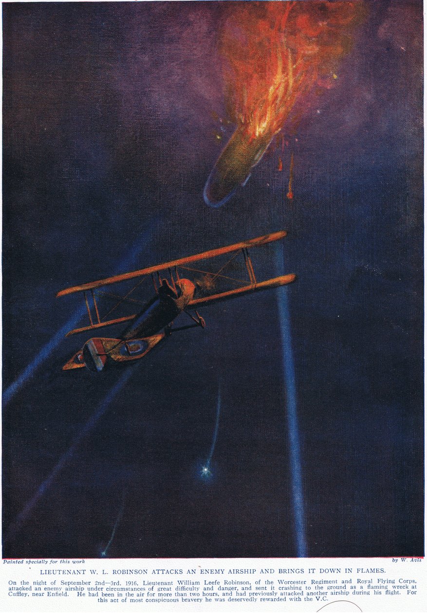 W.L. Robinson hadnagy megtámad egy ellenséges léghajót és lehozza, illusztráció a "Deeds that Thrill the Empire" című könyvből, kiadta a Hutchinson és Co., 1920 körül. alkotó: W. Avis