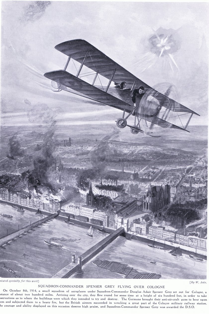 Spenser Gray századparancsnok DSO-t kapott a Köln feletti átrepülésért és egy katonai vasútállomás bombázásáért 1914. okt. alkotó: W. Avis