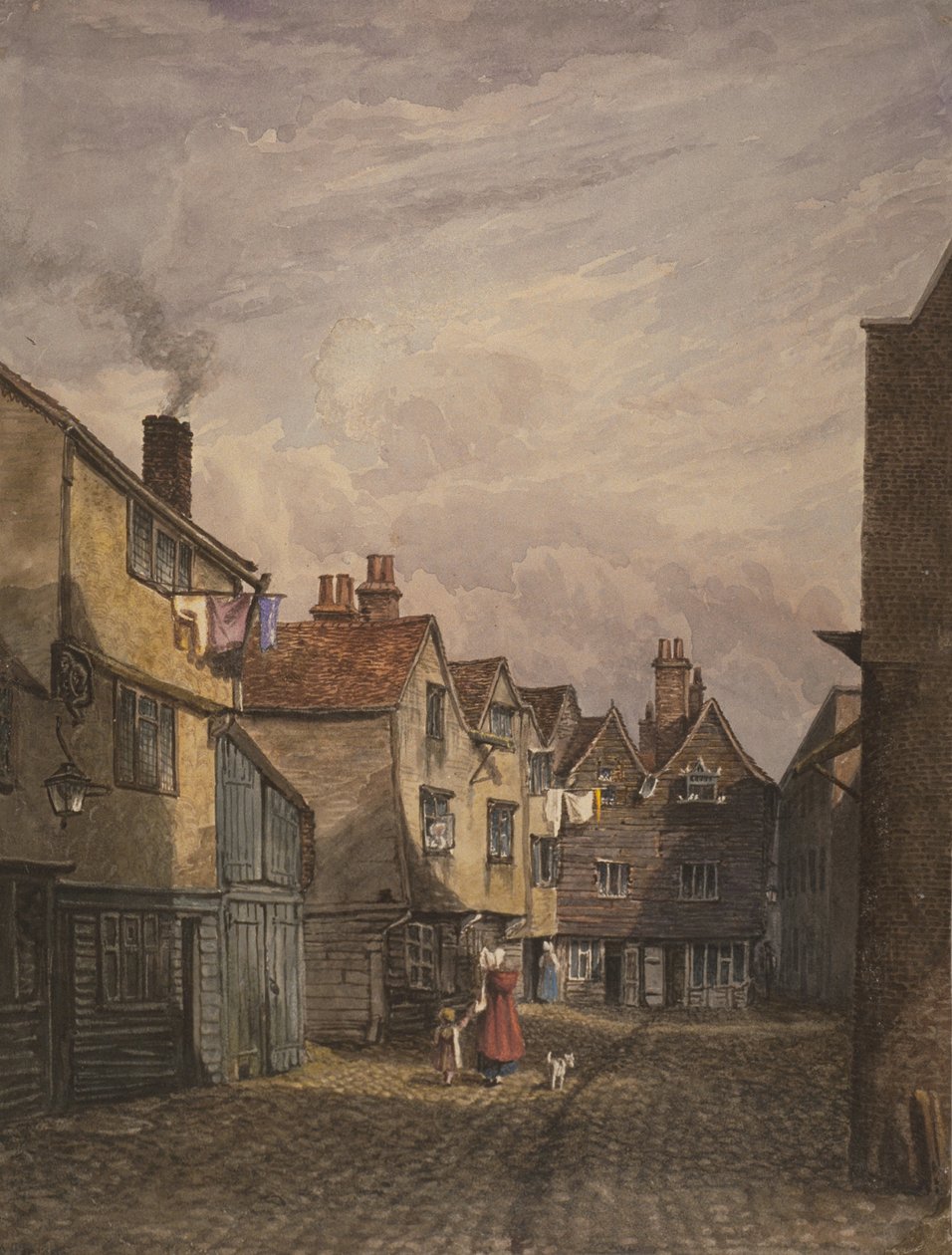 Nő és gyermek sétál a Crown Courton, Bermondsey, 1825 körül. alkotó: W. Barker