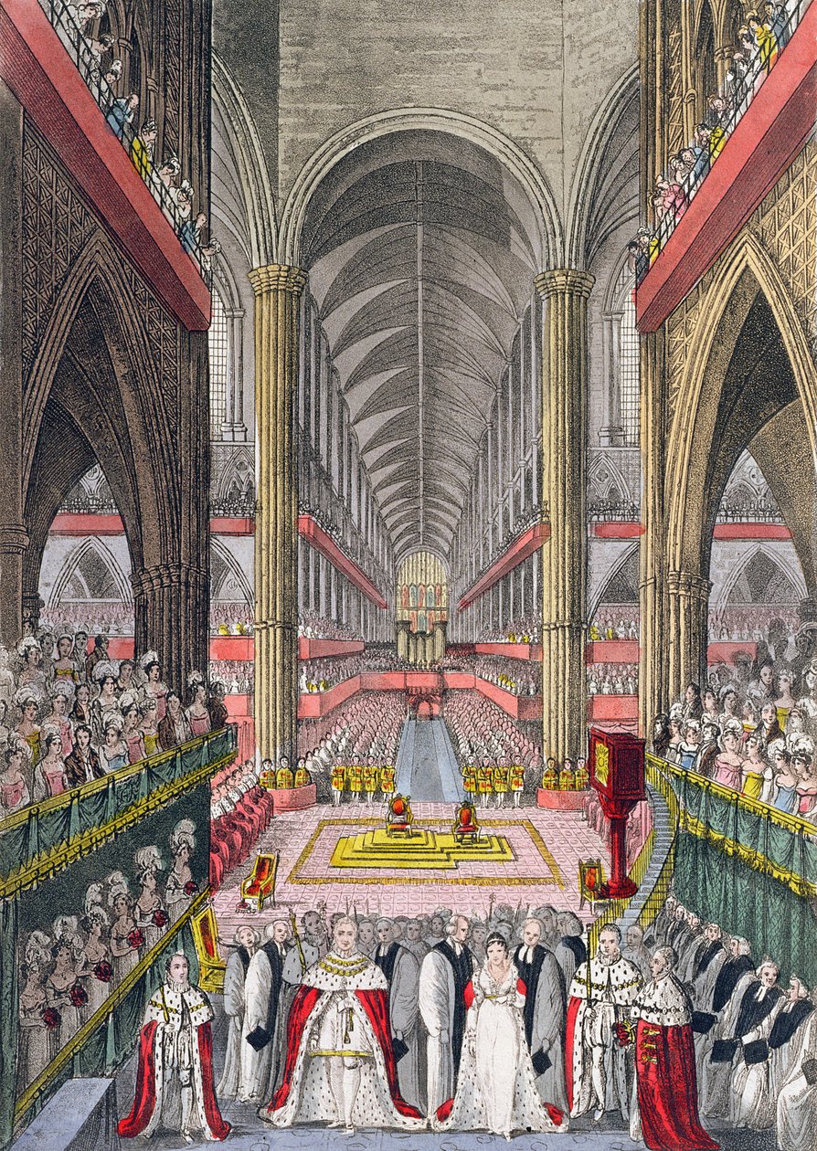 IV. Vilmos (1765-1837) és Adelaide (1792-1849) koronázása a Westminster Abbeyben 1830-ban, 1831-ben (akvatinta) alkotó: W. Read