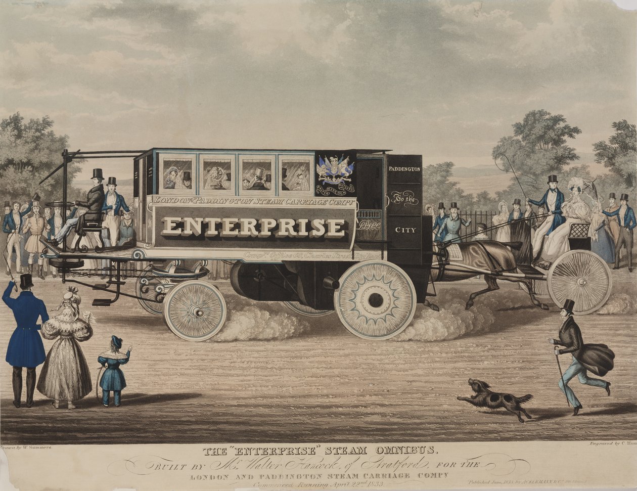 Az Enterprise Steam Omnibus, amelyet Walter Hancock, Stratford épített a londoni és a paddingtoni Steam Carriage Company számára, metszett C. Hunt, 1833 alkotó: W. Summers
