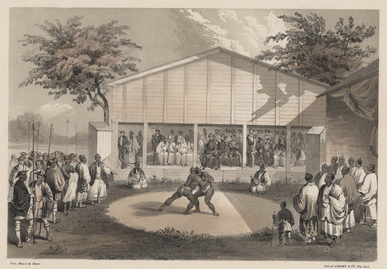 Birkózók Yokuhamában, a Sarony und Co. tagjai, 1855 (chromolitho) alkotó: W. T. Peters