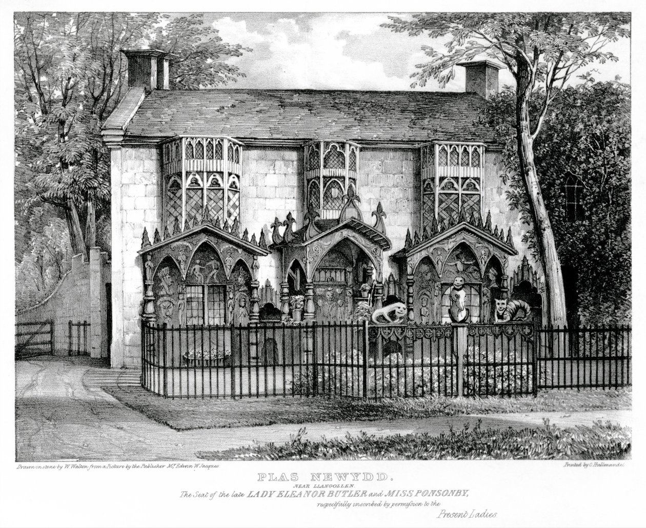 Plas Newydd, Llangollen közelében, Eleanor Butler (kb. 1745-1829) és Miss Sarah Ponsonby (megh. 1831) székhelye, Charles Joseph Hullmandel (1789-1850) nyomta alkotó: W. after Walton
