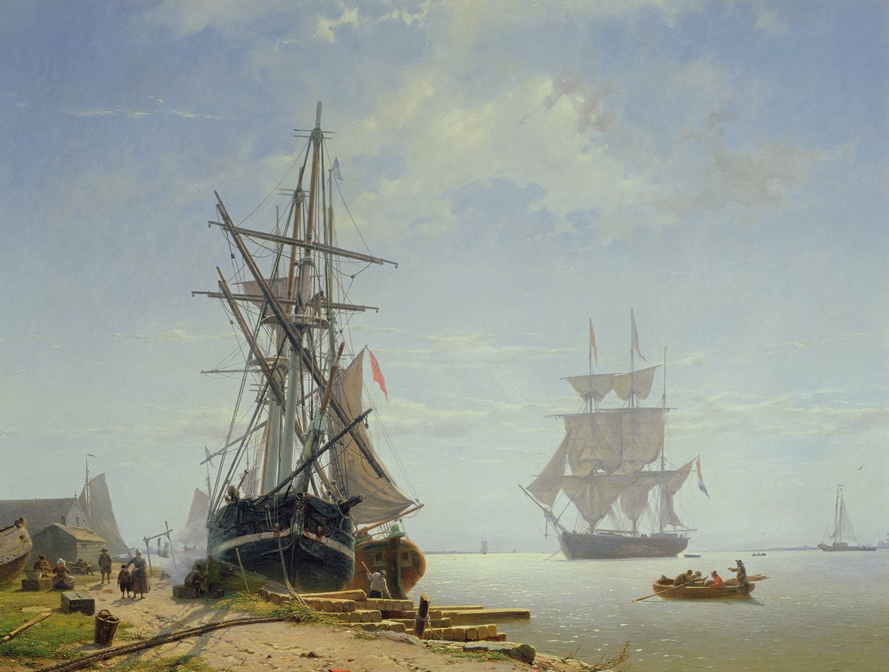 Hajók egy holland torkolatban, 19. század alkotó: W.A. van Deventer