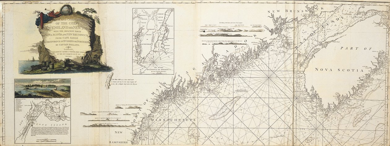 Új és helyes térkép Új-Anglia és New York partjairól, valamint Új-Skócia és Új-Brunswick szomszédos részeiről a Sable-foktól a Hudsons vagy North River bejáratáig, Holland kapitány által; a Hell Gate látképe, W. A. Williams 1777 (betét); Plan o alkotó: W.A. Williams