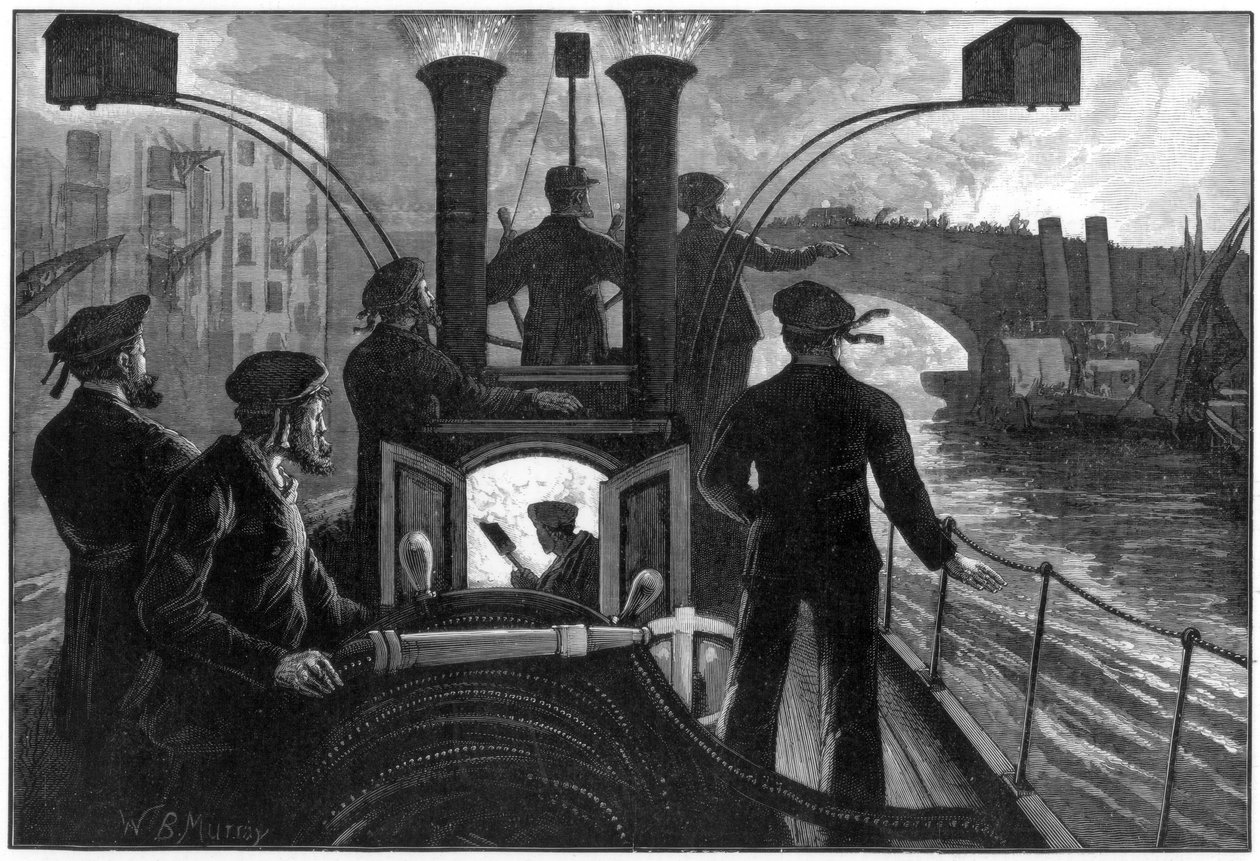 Gőztűzoltógép folyóparti tűzvészhez, londoni tűzoltóság, 1890. alkotó: WB Murray