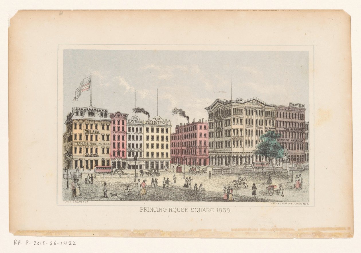 Park Row, Manhattan Nyomda tér 1868 (cím a tárgyon) alkotó: W.C. Rogers and Co.