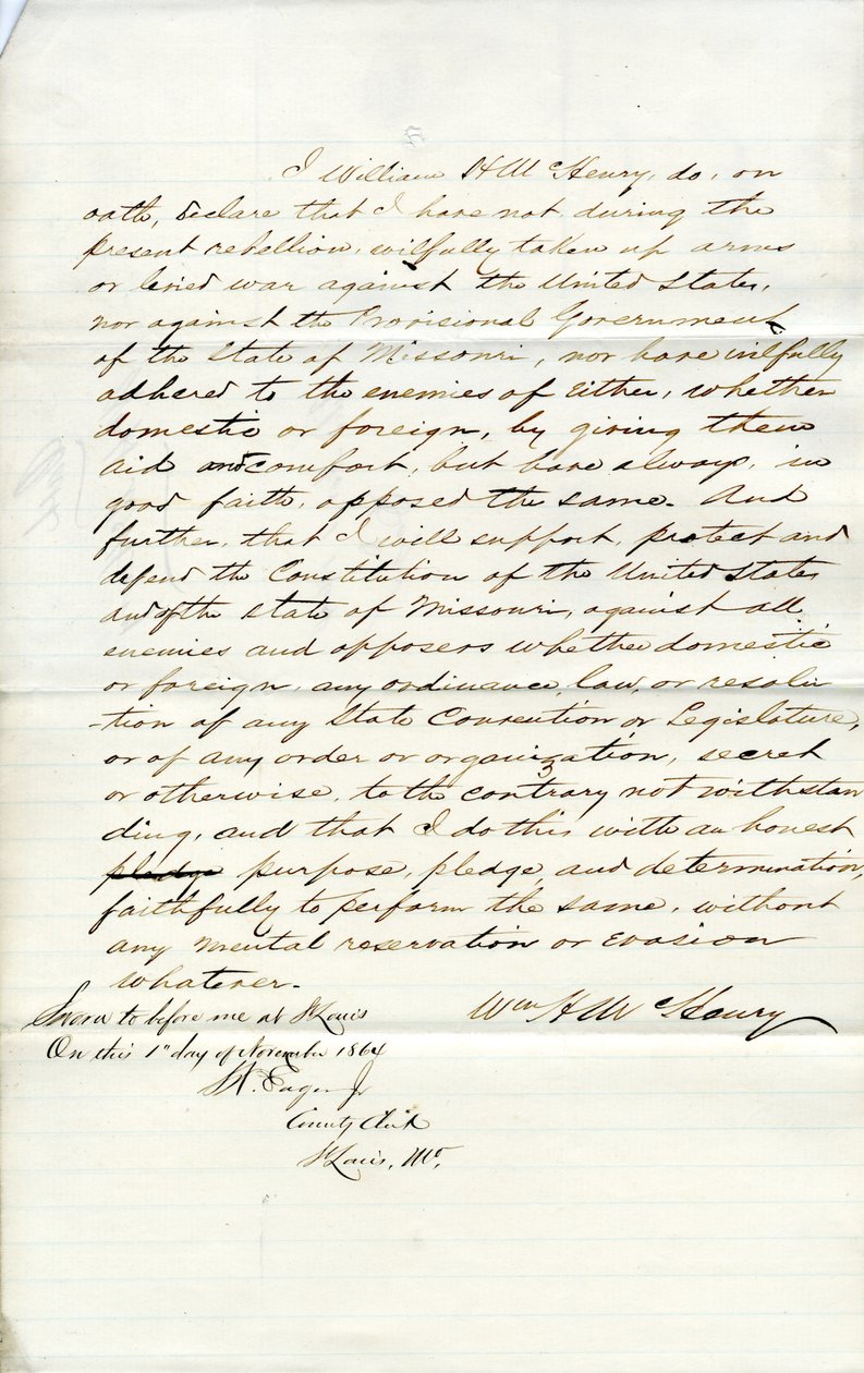 William H. McHenry hűség esküje Missouri államból, St. Louis megyéből alkotó: W.H. McHenry