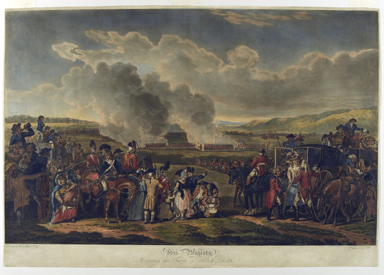 Őfelsége Reviewing Troops on Blackheath, 1787, metszett R. Pollard, kinyomtatva 1797 (maratott akvatinta) alkotó: W.H. Mason