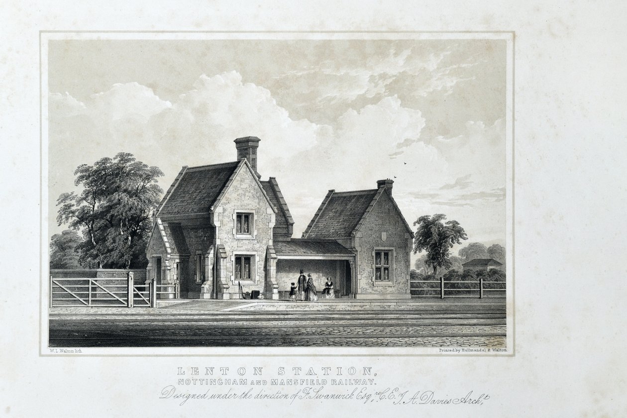 Lenton állomás, Nottingham és Mansfield Railway, 1848 körül (színezett litográfia papíron) alkotó: W.L. Walton