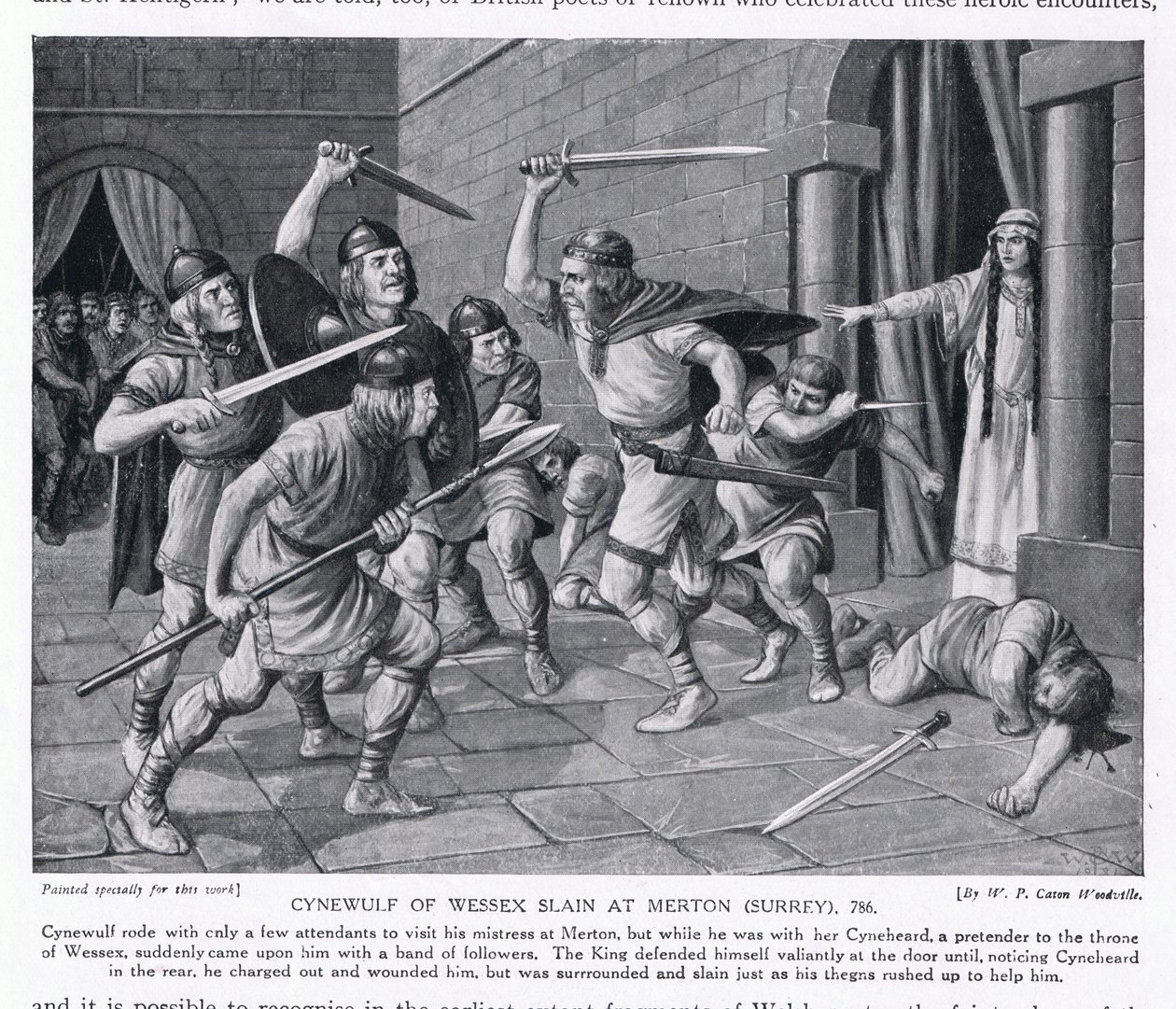 Cynewulf of Wessex megölték Mertonban, Surrey, AD786, 1920-as években alkotó: W.P. Caton Woodville