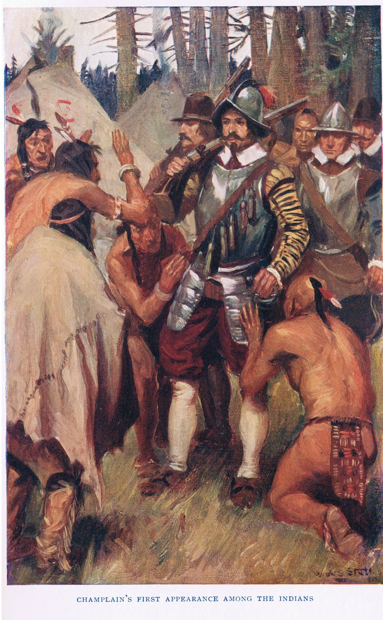 Champlain első megjelenése az indiánok között, illusztráció a „Kanada romantikájából” alkotó: W.R.S. Stott