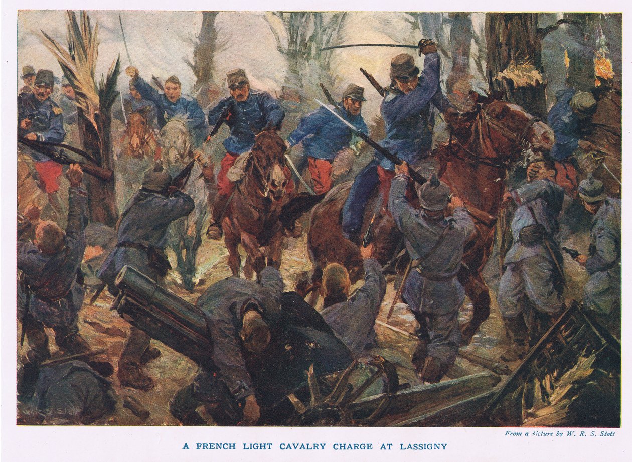 A francia könnyűlovasság rohama Lassignynál (színes litho) alkotó: W.R.S. (after) Stott