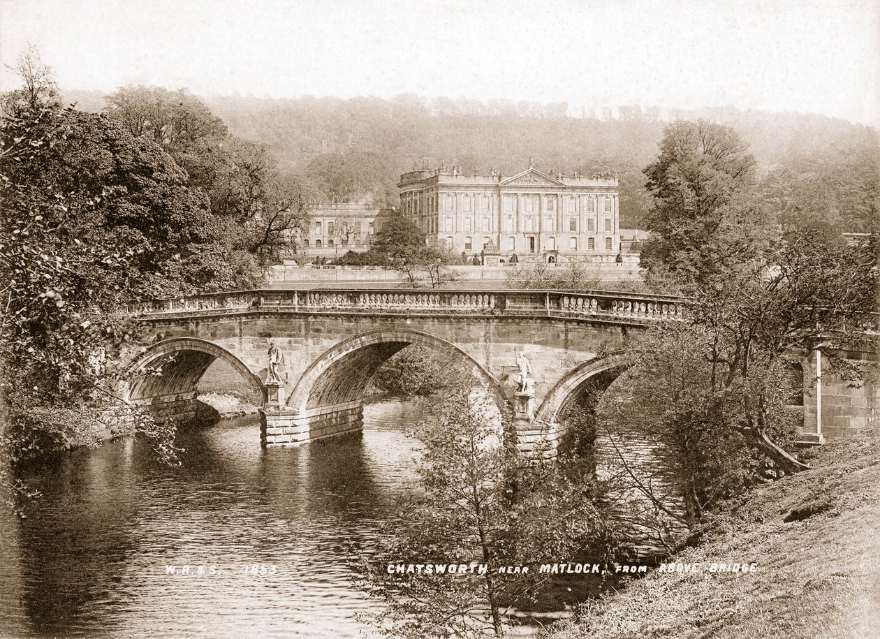 Chatsworth-ház és a Derwent folyón átívelő híd, Derbyshire, 1853 alkotó: WR and S