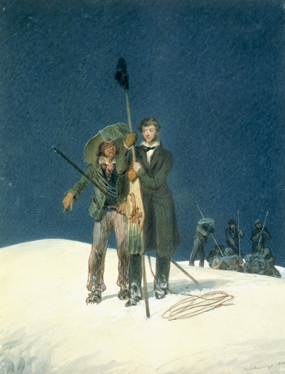 Charles Fellows William Hawes-szel, Plants a Baton on the Summit, beillesztésként szerepelt Charles Fellows (1799-1860) A Mont Blanc csúcsára való feljutás narratívájában, 1827-ben (wc on pa). alkotó: W.S. Hastings