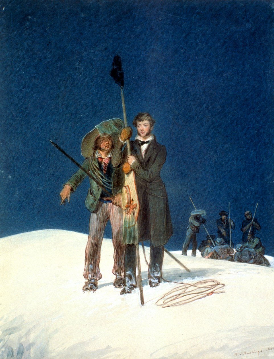 Charles Fellows William Hawes-szal, stafétabotot helyez a Mont Blanc csúcsára, 1827 alkotó: WS Hastings