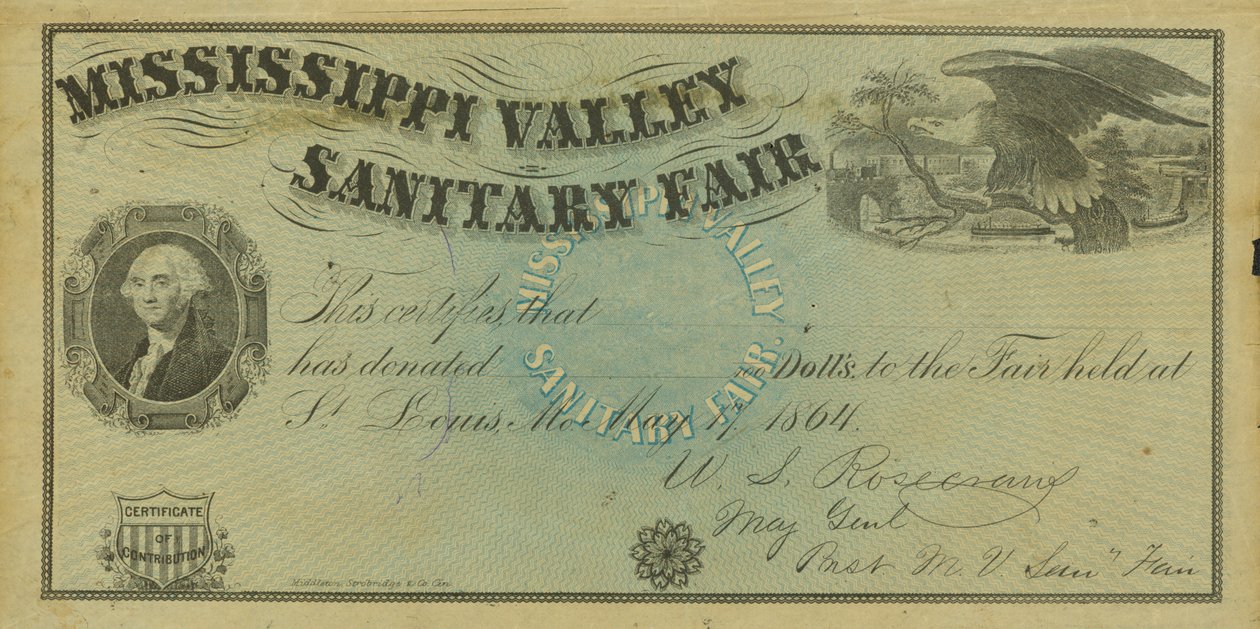 Üres illusztrált hozzájárulási bizonyítvány a Mississippi -völgyi egészségügyi vásáron, 1864. május 7 -én nyújtott adományokhoz alkotó: W. A. Rosecrans