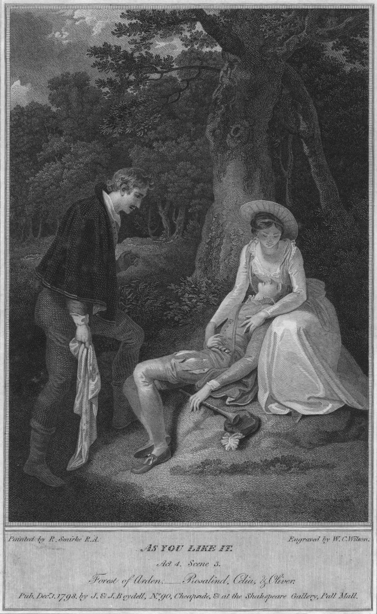 Ahogy tetszik. 4. felvonás. 3. jelenet. Ardeni erdő, - Rosalind, Celia és Oliver, 1798. alkotó: W. C. Wilson