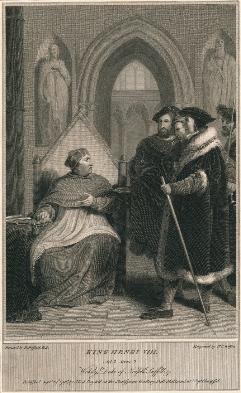 Henrik király VIII. 3. felvonás. 2. jelenet. Wolsey, Norfolk hercege, Suffolk és mások, 1796. alkotó: W. C. Wilson