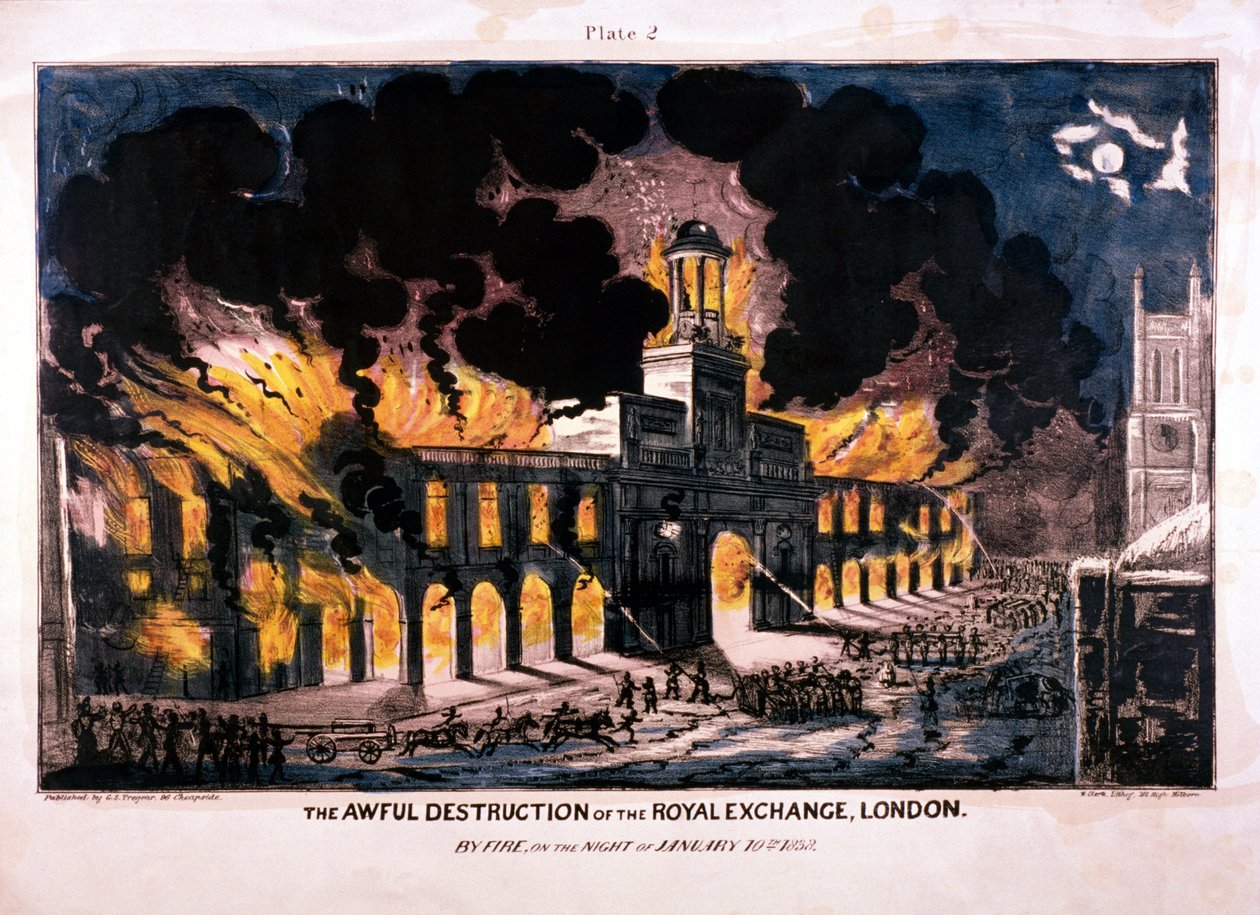 A Royal Exchange 2. tűzvész szörnyű pusztítása, London, 1838 alkotó: W Clerk