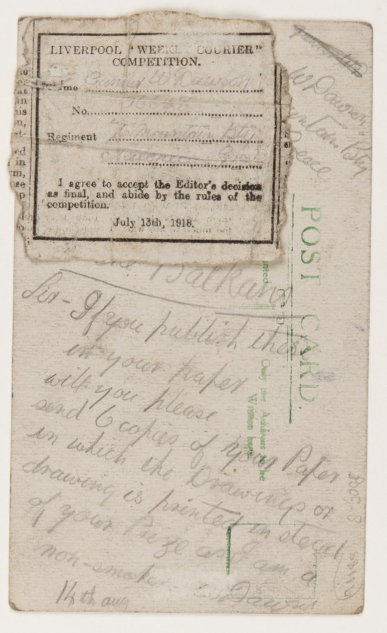 Képeslap a Liverpool Weekly Courier szerkesztőjének, 1918. augusztus 14. (ceruza a képeslapon) alkotó: W. Dawson