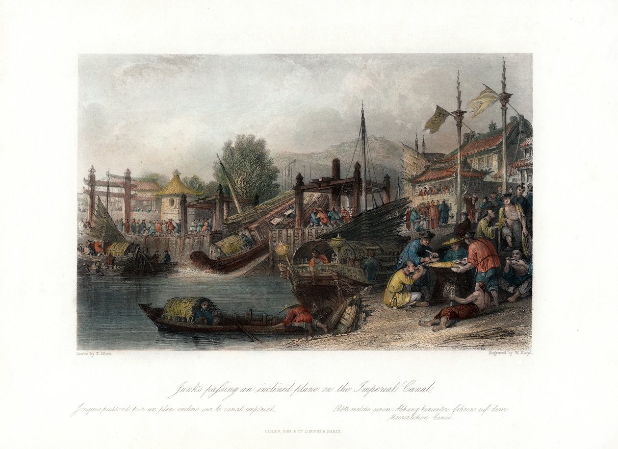 "Junks Passing an Inlined Plane on the Imperial Canal", Kína, 1840. alkotó: W Floyd